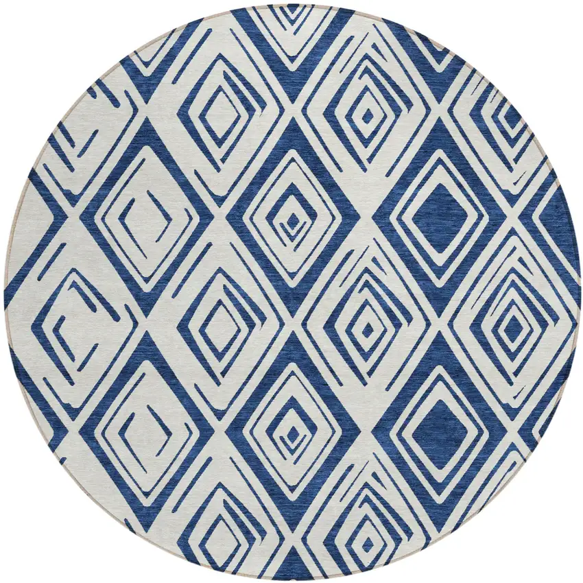8' Navy Blue And Ivory Round Geometric Washable Indoor Outdoor Area Rug Photo 2