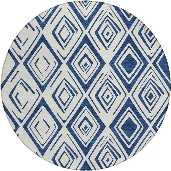 8' Navy Blue And Ivory Round Geometric Washable Indoor Outdoor Area Rug Photo 2