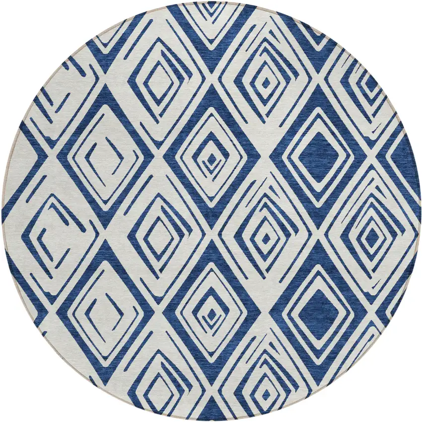 8' Navy Blue And Ivory Round Geometric Washable Indoor Outdoor Area Rug Photo 2