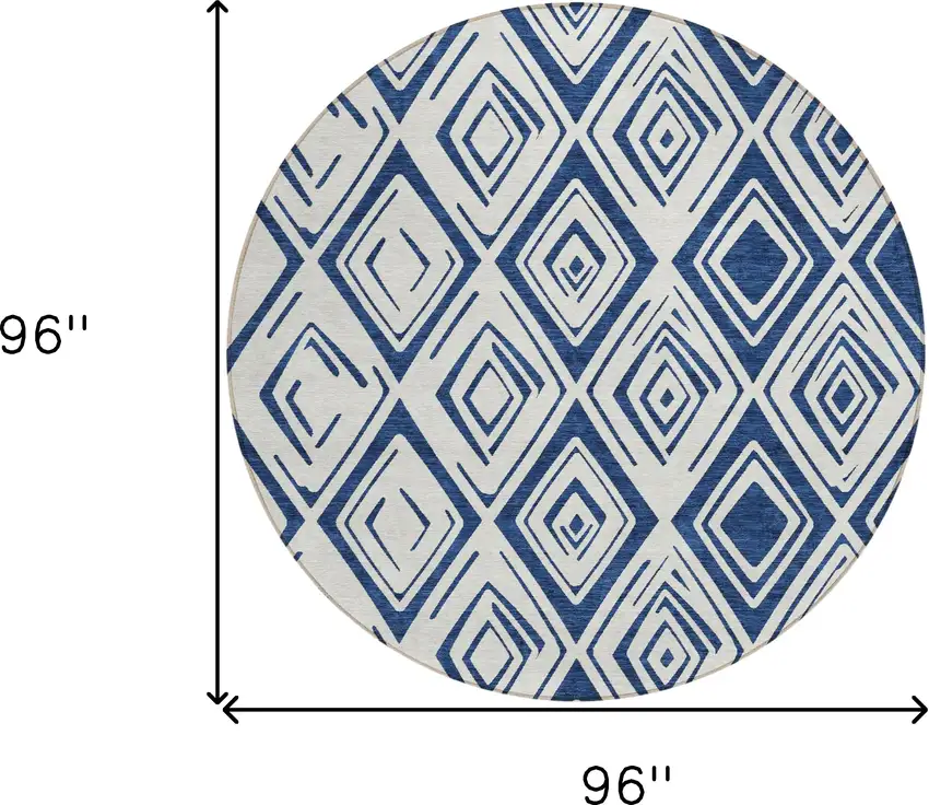 8' Navy Blue And Ivory Round Geometric Washable Indoor Outdoor Area Rug Photo 3