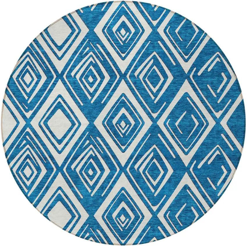 8' Navy Blue And Ivory Round Geometric Washable Indoor Outdoor Area Rug Photo 5