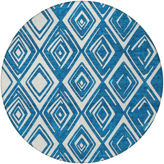 8' Navy Blue And Ivory Round Geometric Washable Indoor Outdoor Area Rug Photo 5