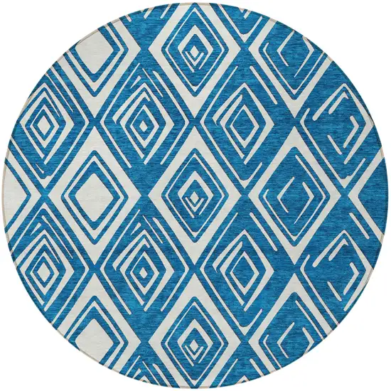 8' Navy Blue And Ivory Round Geometric Washable Indoor Outdoor Area Rug Photo 5