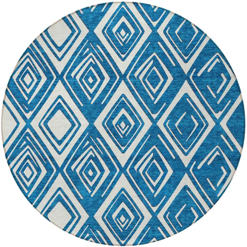 8' Navy Blue And Ivory Round Geometric Washable Indoor Outdoor Area Rug Photo 5