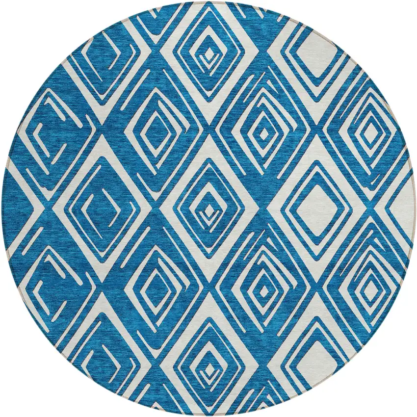 8' Navy Blue And Ivory Round Geometric Washable Indoor Outdoor Area Rug Photo 2