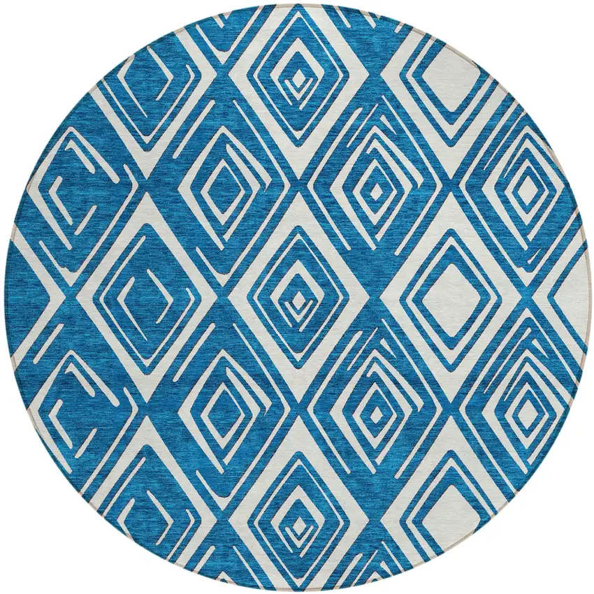 8' Navy Blue And Ivory Round Geometric Washable Indoor Outdoor Area Rug Photo 2