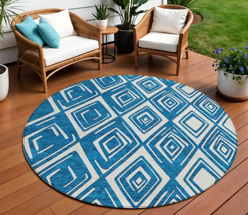 8' Navy Blue And Ivory Round Geometric Washable Indoor Outdoor Area Rug Photo 1