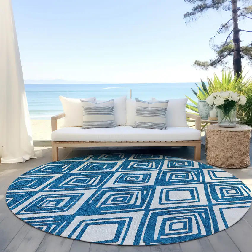8' Navy Blue And Ivory Round Geometric Washable Indoor Outdoor Area Rug Photo 6