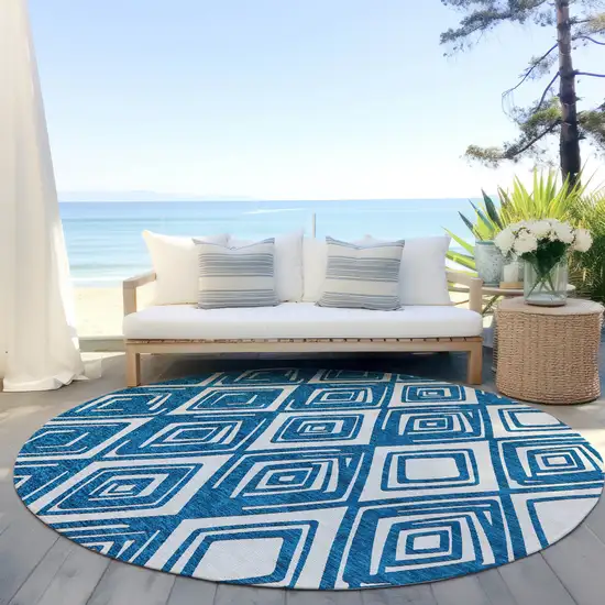 8' Navy Blue And Ivory Round Geometric Washable Indoor Outdoor Area Rug Photo 6