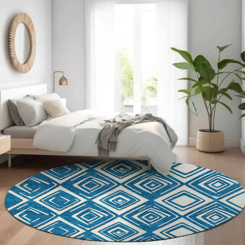 8' Navy Blue And Ivory Round Geometric Washable Indoor Outdoor Area Rug Photo 7