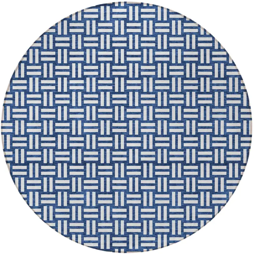 8' Navy Blue And Ivory Round Geometric Washable Indoor Outdoor Area Rug Photo 4
