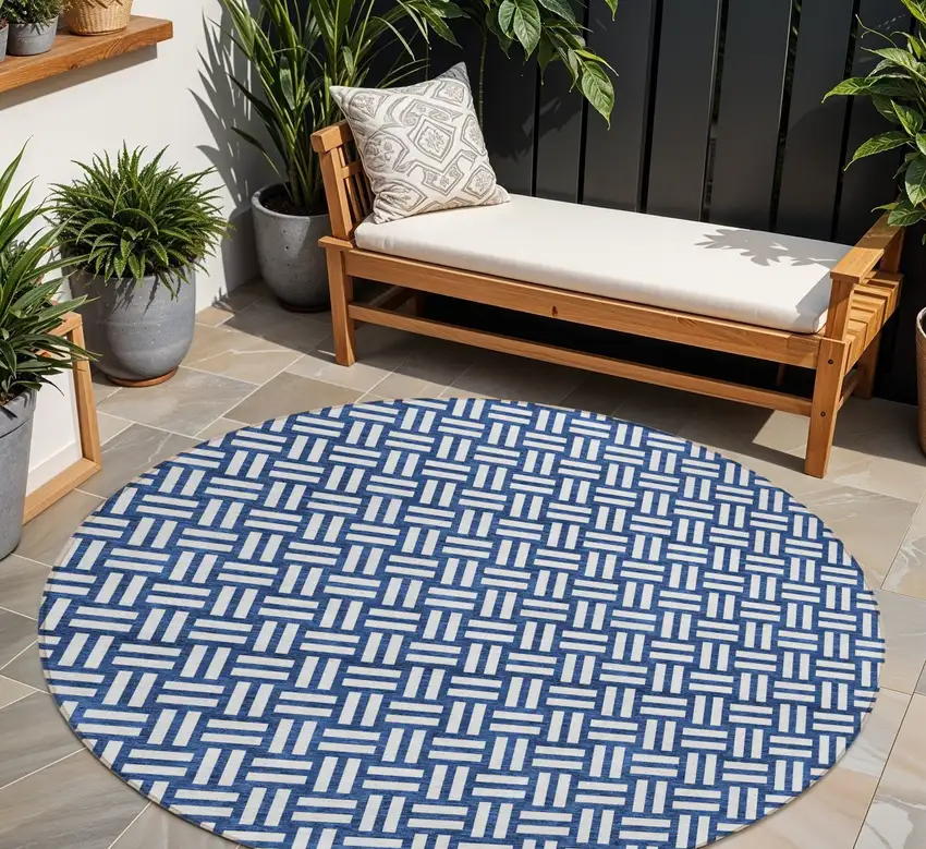 8' Navy Blue And Ivory Round Geometric Washable Indoor Outdoor Area Rug Photo 1