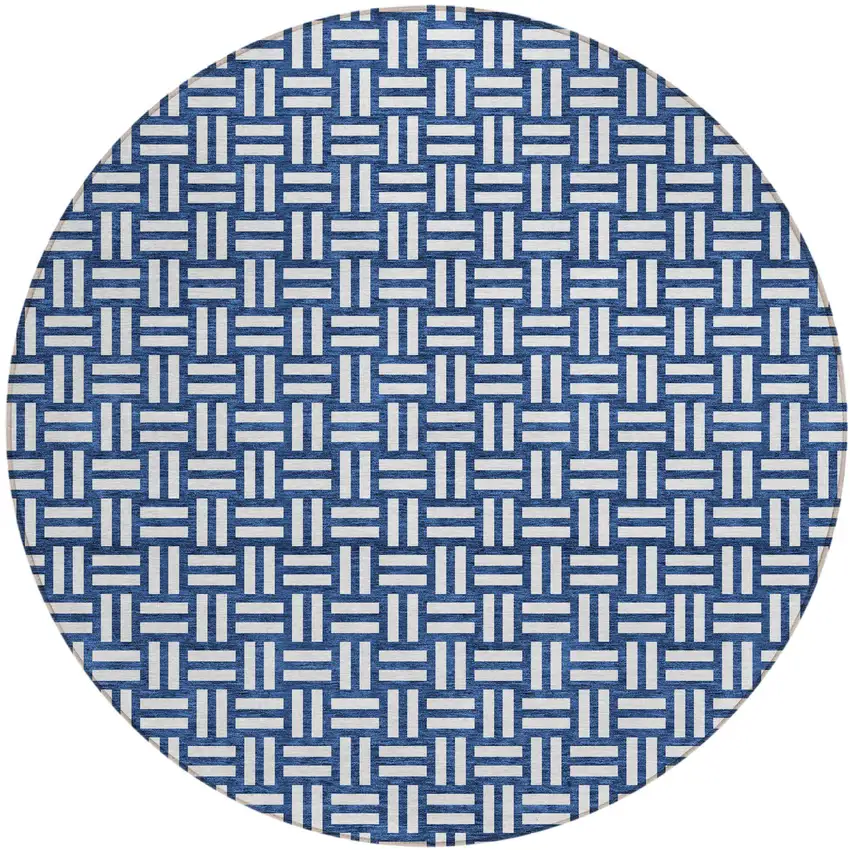 8' Navy Blue And Ivory Round Geometric Washable Indoor Outdoor Area Rug Photo 2