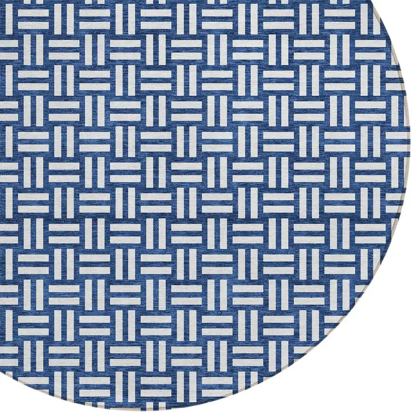 8' Navy Blue And Ivory Round Geometric Washable Indoor Outdoor Area Rug Photo 5