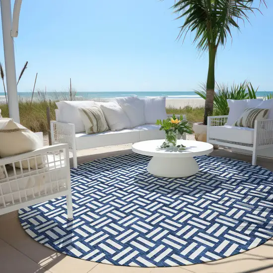 8' Navy Blue And Ivory Round Geometric Washable Indoor Outdoor Area Rug Photo 6
