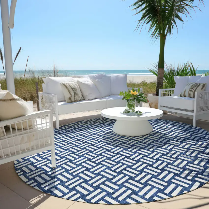 8' Navy Blue And Ivory Round Geometric Washable Indoor Outdoor Area Rug Photo 6