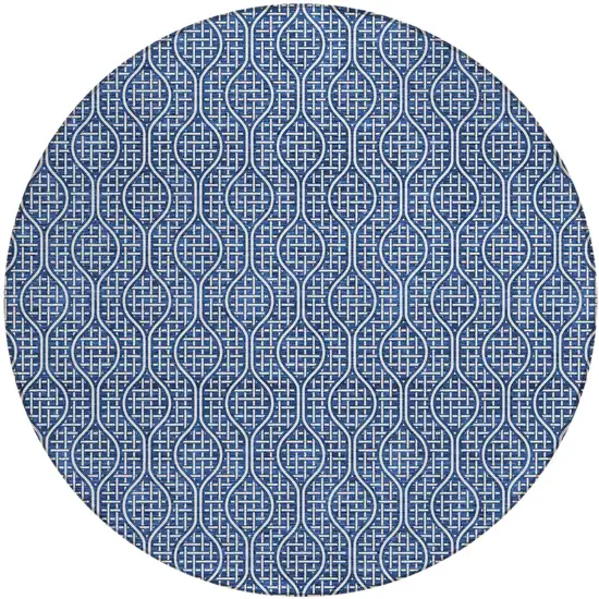 8' Navy Blue And Ivory Round Geometric Washable Indoor Outdoor Area Rug Photo 2