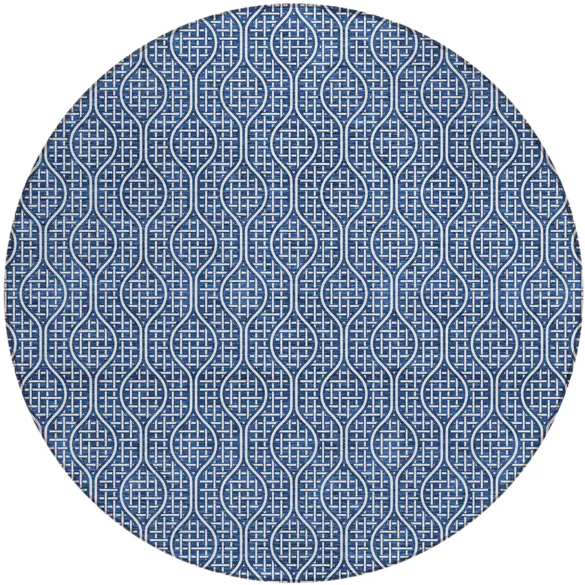 8' Navy Blue And Ivory Round Geometric Washable Indoor Outdoor Area Rug Photo 2