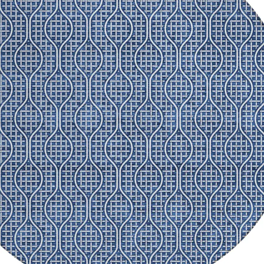 8' Navy Blue And Ivory Round Geometric Washable Indoor Outdoor Area Rug Photo 5