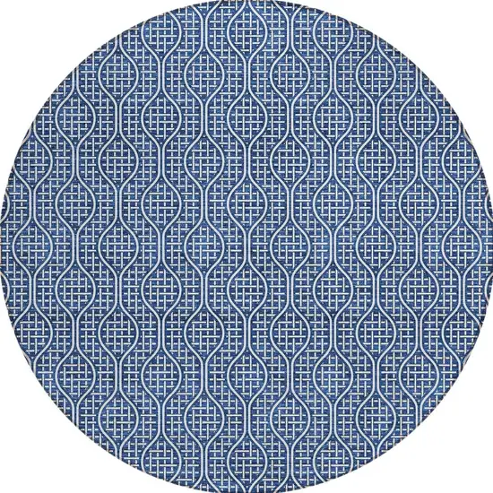 8' Navy Blue And Ivory Round Geometric Washable Indoor Outdoor Area Rug Photo 6