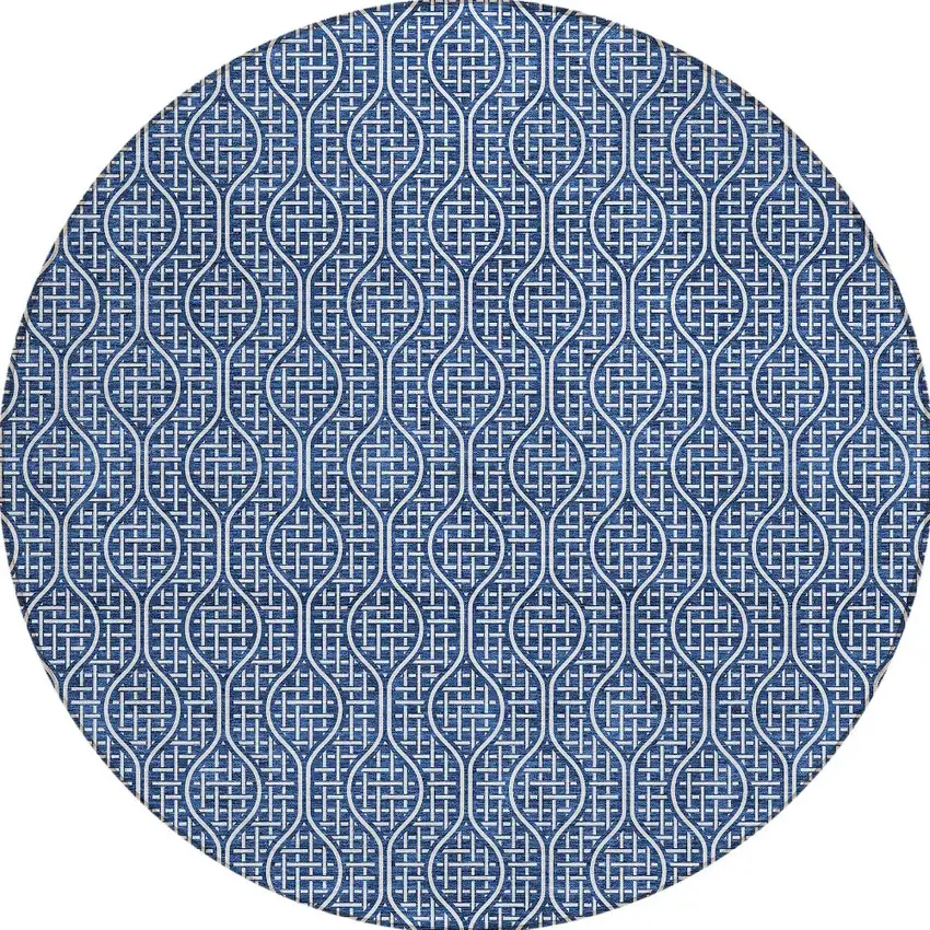 8' Navy Blue And Ivory Round Geometric Washable Indoor Outdoor Area Rug Photo 6