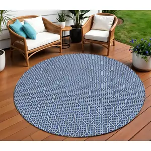 Photo of 8' Navy Blue And Ivory Round Geometric Washable Indoor Outdoor Area Rug