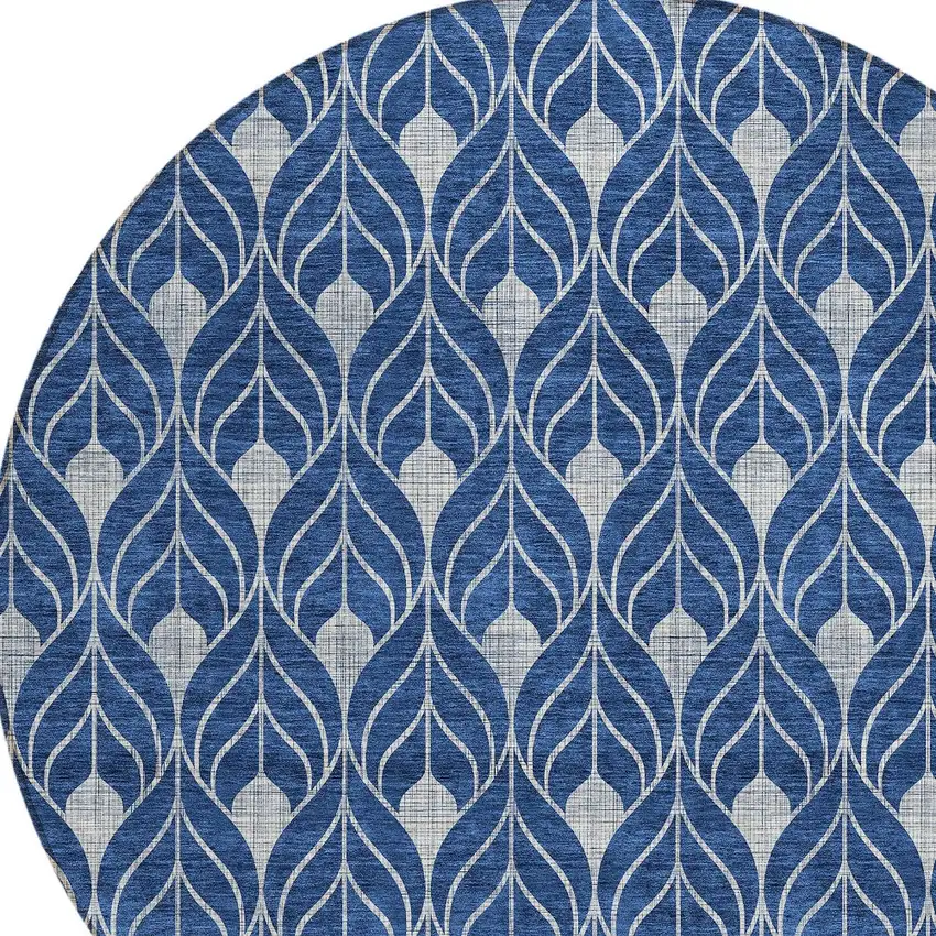 8' Navy Blue And Ivory Round Geometric Washable Indoor Outdoor Area Rug Photo 4