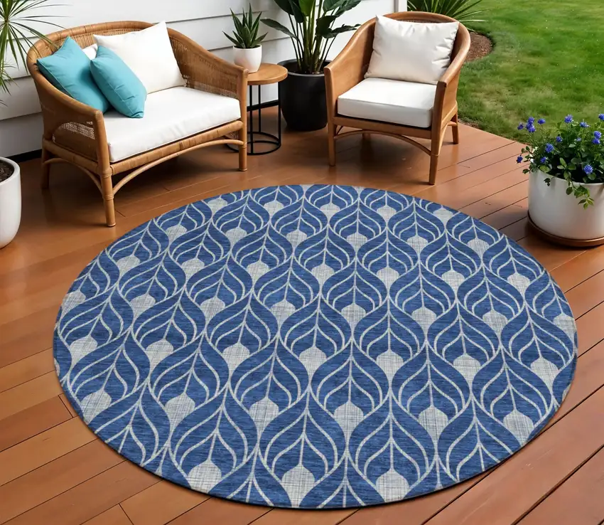 8' Navy Blue And Ivory Round Geometric Washable Indoor Outdoor Area Rug Photo 1