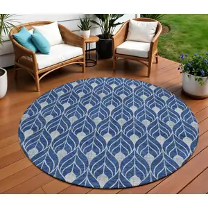 Photo of 8' Navy Blue And Ivory Round Geometric Washable Indoor Outdoor Area Rug