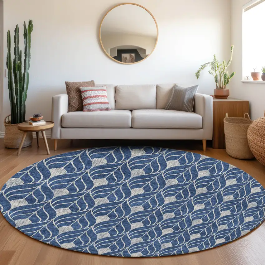 8' Navy Blue And Ivory Round Geometric Washable Indoor Outdoor Area Rug Photo 7