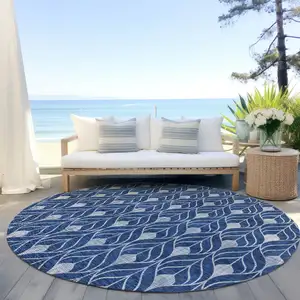 Photo of 8' Navy Blue And Ivory Round Geometric Washable Indoor Outdoor Area Rug