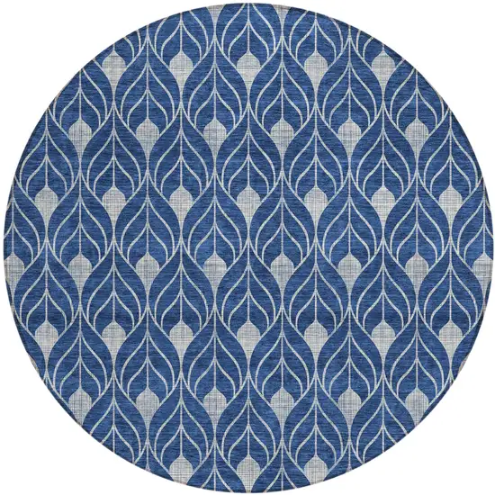 8' Navy Blue And Ivory Round Geometric Washable Indoor Outdoor Area Rug Photo 2