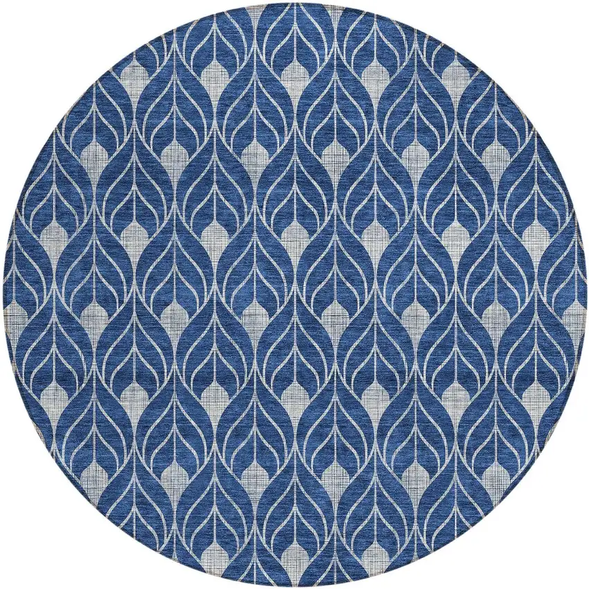 8' Navy Blue And Ivory Round Geometric Washable Indoor Outdoor Area Rug Photo 5