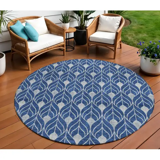 8' Navy Blue And Ivory Round Geometric Washable Indoor Outdoor Area Rug Photo 1