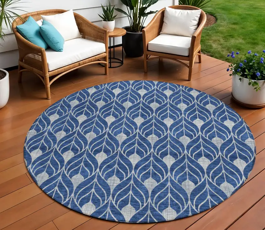 8' Navy Blue And Ivory Round Geometric Washable Indoor Outdoor Area Rug Photo 1