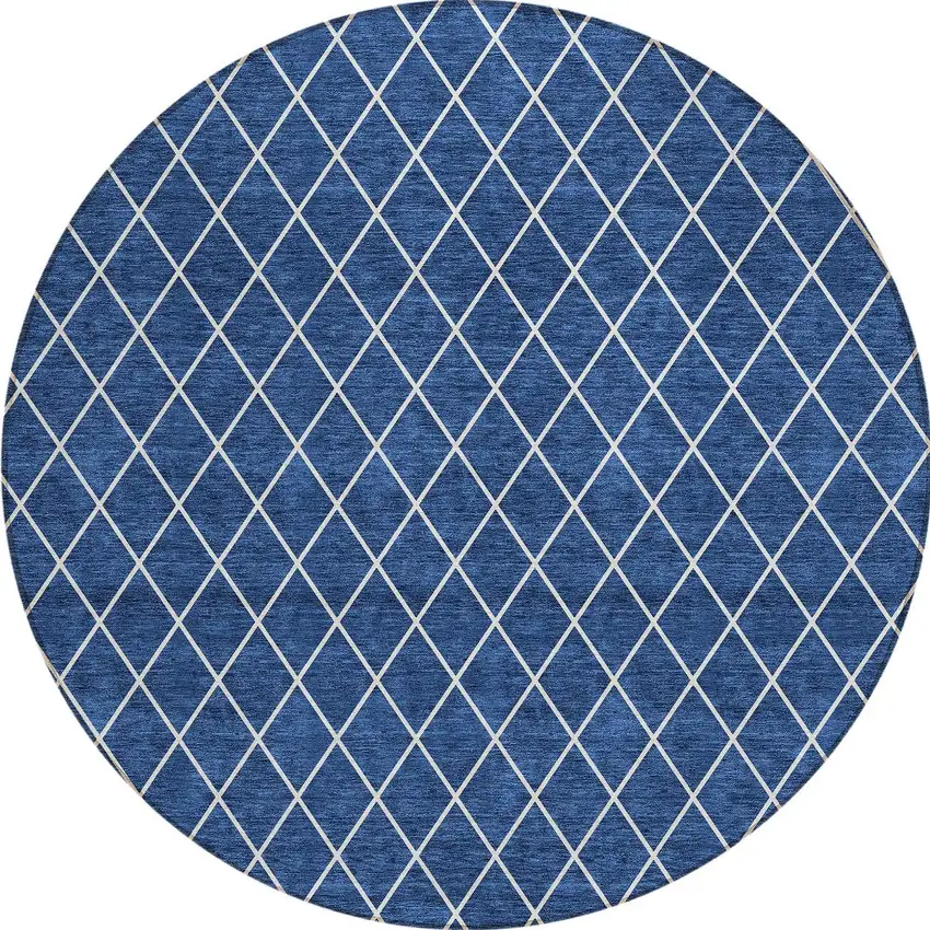 8' Navy Blue And Ivory Round Geometric Washable Indoor Outdoor Area Rug Photo 5