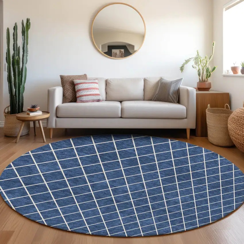 8' Navy Blue And Ivory Round Geometric Washable Indoor Outdoor Area Rug Photo 8