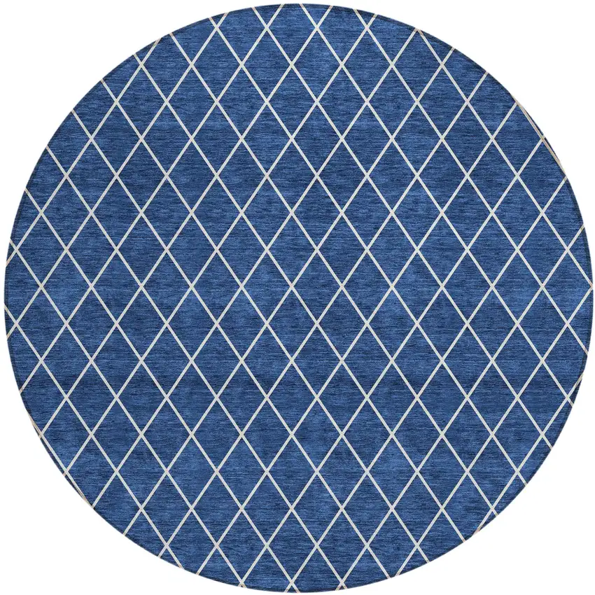 8' Navy Blue And Ivory Round Geometric Washable Indoor Outdoor Area Rug Photo 2