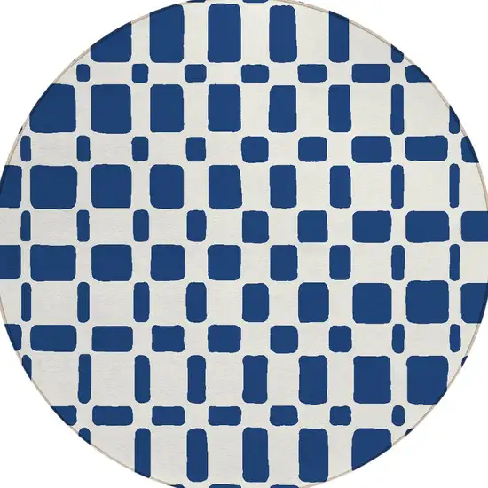 8' Navy Blue And Ivory Round Geometric Washable Indoor Outdoor Area Rug Photo 5