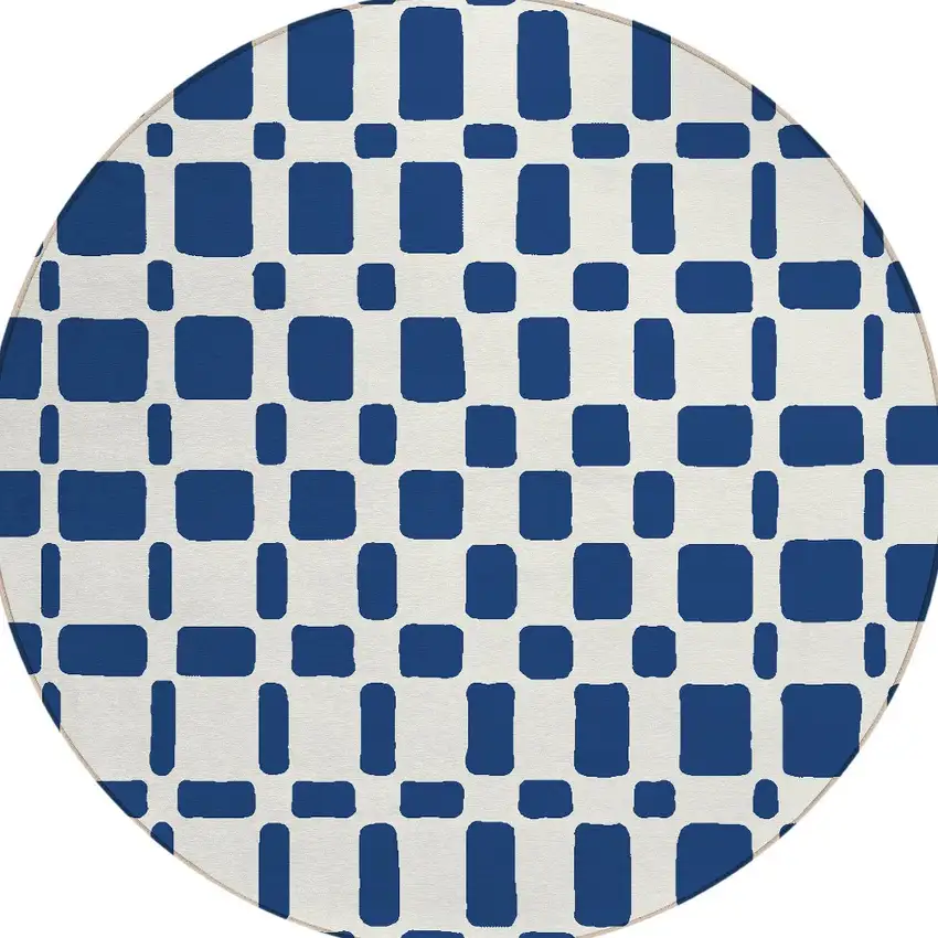 8' Navy Blue And Ivory Round Geometric Washable Indoor Outdoor Area Rug Photo 5