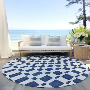 Photo of 8' Navy Blue And Ivory Round Geometric Washable Indoor Outdoor Area Rug