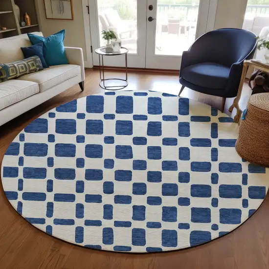 8' Navy Blue And Ivory Round Geometric Washable Indoor Outdoor Area Rug Photo 7