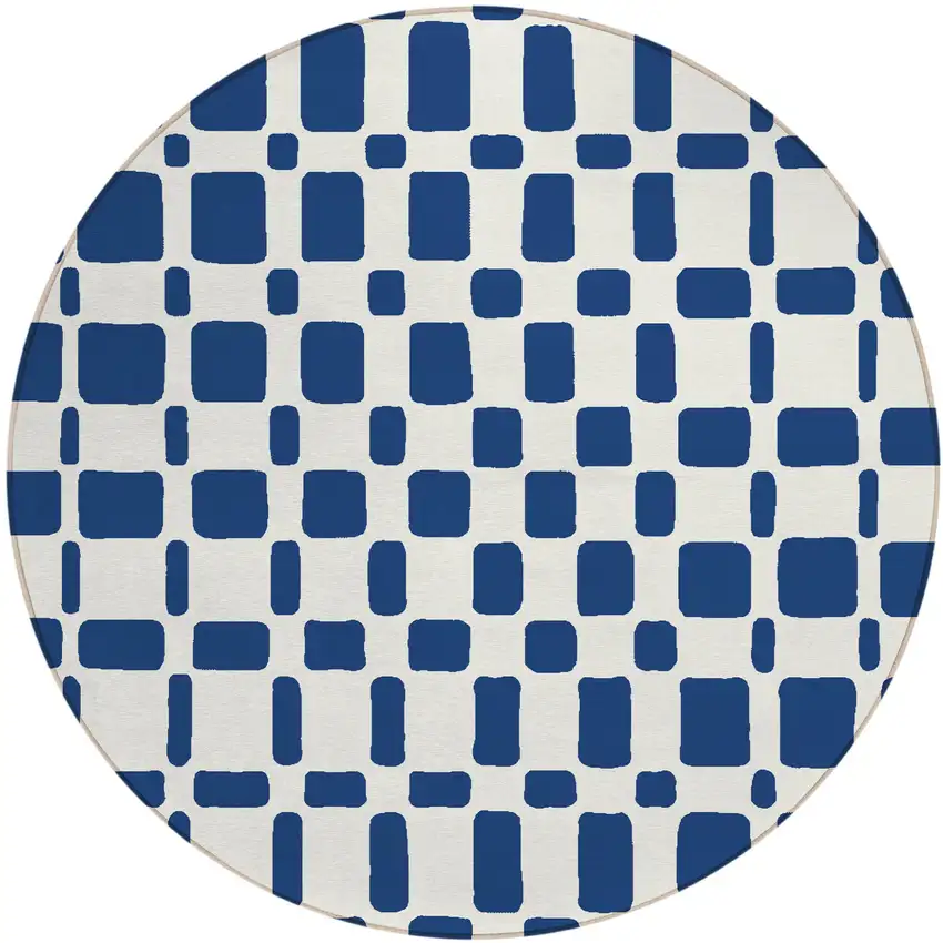 8' Navy Blue And Ivory Round Geometric Washable Indoor Outdoor Area Rug Photo 2
