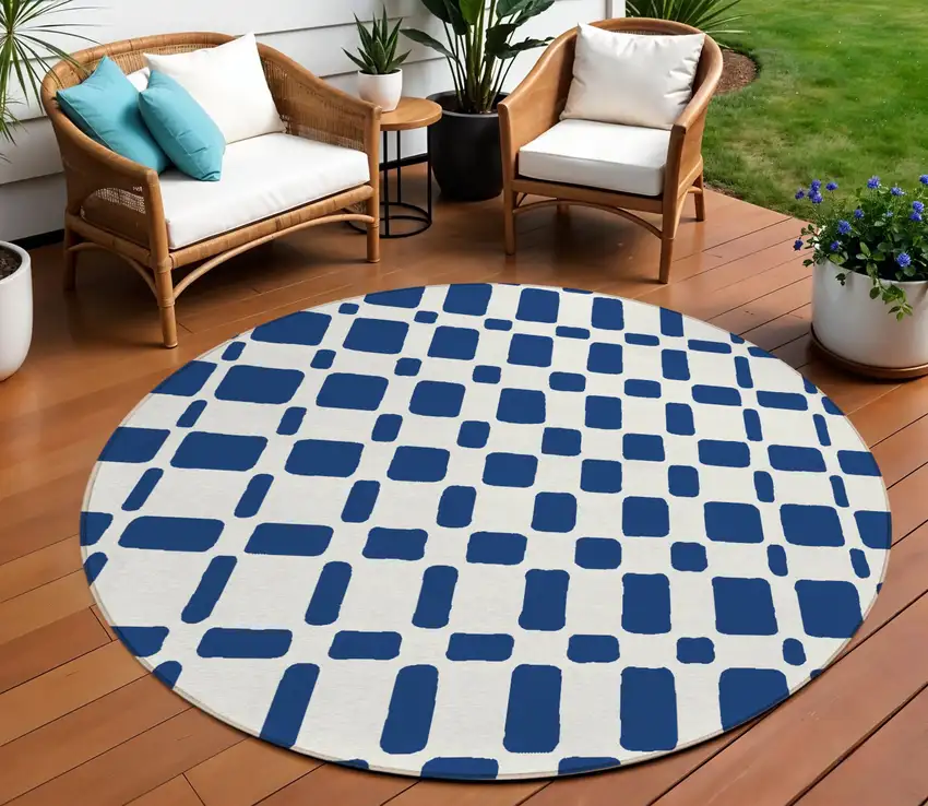 8' Navy Blue And Ivory Round Geometric Washable Indoor Outdoor Area Rug Photo 1