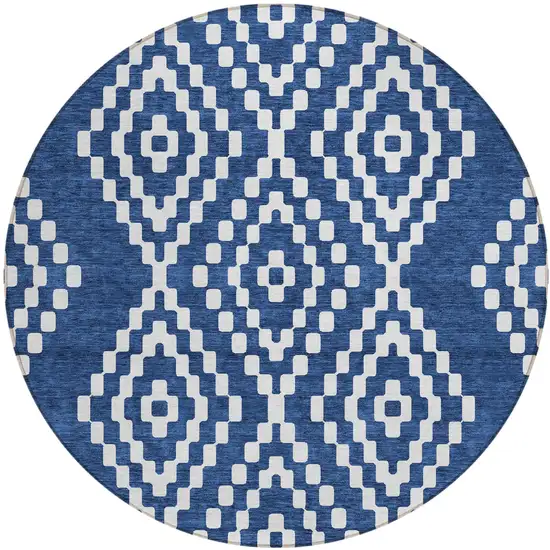 8' Navy Blue And Ivory Round Geometric Washable Indoor Outdoor Area Rug Photo 2