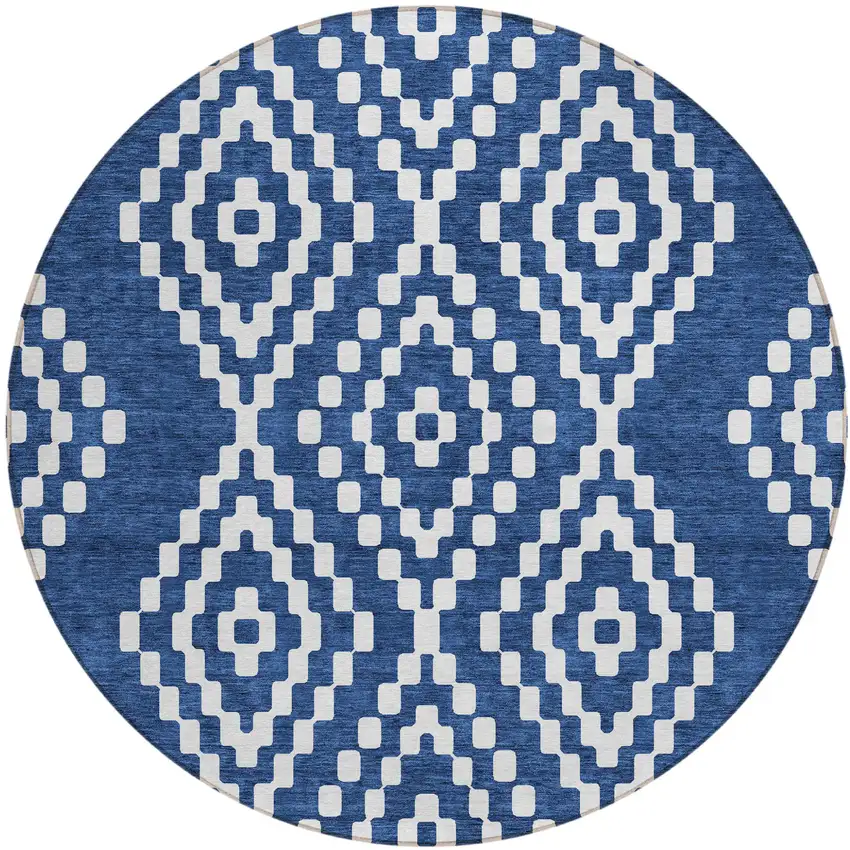 8' Navy Blue And Ivory Round Geometric Washable Indoor Outdoor Area Rug Photo 2