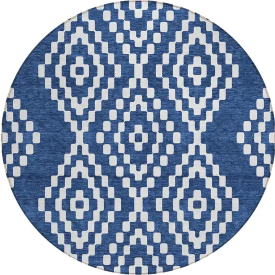 8' Navy Blue And Ivory Round Geometric Washable Indoor Outdoor Area Rug Photo 6