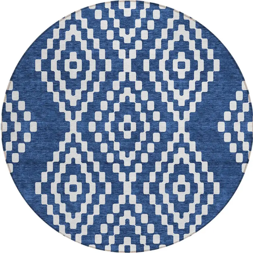8' Navy Blue And Ivory Round Geometric Washable Indoor Outdoor Area Rug Photo 6