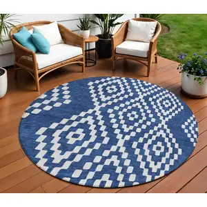 Photo of 8' Navy Blue And Ivory Round Geometric Washable Indoor Outdoor Area Rug