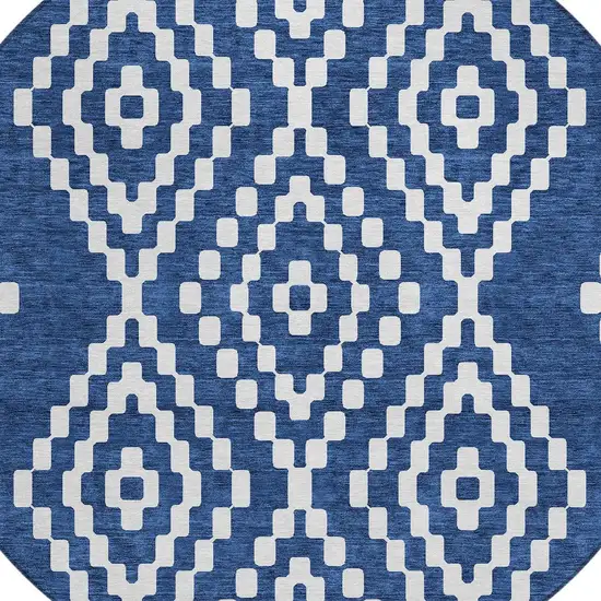 8' Navy Blue And Ivory Round Geometric Washable Indoor Outdoor Area Rug Photo 5